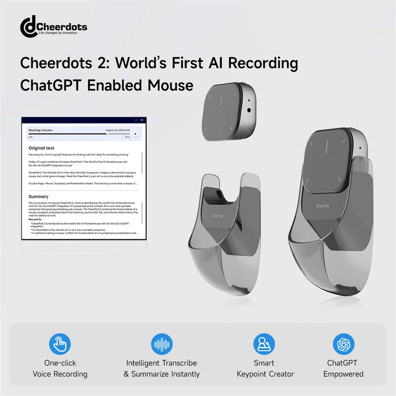 Cheerdots 2 Detachable Air Mouse Touchpad Pocket AI Recording Chatgpt Silent Wireless Mouse Business Office Mouse Gaming Mouse